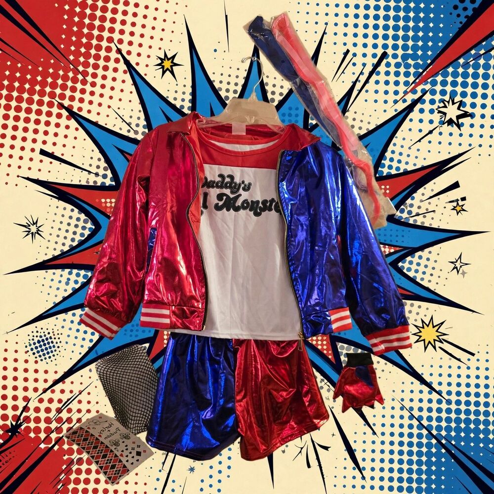 Harley Quinn  Costume  Jacket Size 140 10 12 Shirt Shorts Glove Halloween C235